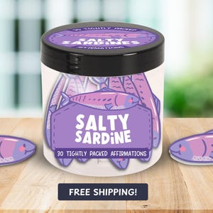 Tarjetas de afirmación de sardinas saladas / 30 notas de aliento sarcásticas y atrevidas, regalo divertido de cuidado personal, accesorios de escritorio, paquete de cuidado, caja de regalo