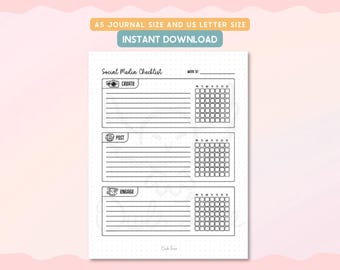 Liste de contrôle des réseaux sociaux, pages de journal imprimables, encart de planificateur de suivi de contenu, feuille d'organisation des réseaux sociaux