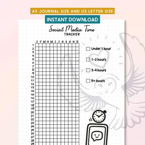 Peut inclure: Un suivi du temps passé sur les réseaux sociaux imprimable en noir et blanc. La page du journal comprend une grille pour suivre l'utilisation quotidienne, avec des cases à cocher pour le temps passé. Le texte "Social Media Time Tracker" est en haut.