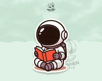本を読んでいる宇宙飛行士のビニールステッカー、Kindleステッカー、本好きステッカー、名言ステッカー、ウォーターボトルステッカー、名言、宇宙、宇宙センター