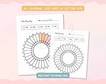 May include: Two white printable journal pages with the text "Rate My Day" and "January 2026". One page has a filled-in circular chart with colored sections. The other page is blank. The text "A5 JOURNAL SIZE AND US LETTER SIZE" is at the top.