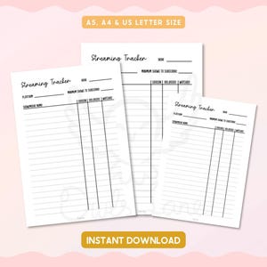 Op de afbeelding: Drie witte, bedrukbare Streaming Tracker-vellen in verschillende formaten, met zwarte tekst en lijnen. De vellen bevatten secties voor platform, shownaam en seizoensregistratie. De tekst "A5, A4 & US LETTER SIZE" staat bovenaan. De woorden "INSTANT DOWNLOAD" staan onderaan.