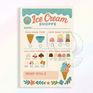 Könnte beinhalten: Eine illustrierte Eiscreme-Speisekarte mit den Worten "Ice Cream Shoppe" oben. Die Speisekarte bietet Optionen für Waffeln, Schalen, Toppings und Geschmacksrichtungen, mit Platz für den Namen des Kunden und die Gesamtsumme der Bestellung.