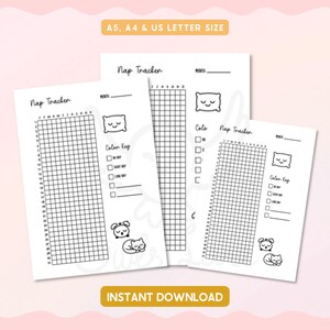 May include: Three white printable nap trackers in A5, A4, and US Letter sizes. Each tracker features a grid for tracking naps, a color key, and illustrations of a sleeping pillow, a dog, and a cat. The text "Nap Tracker" is at the top.