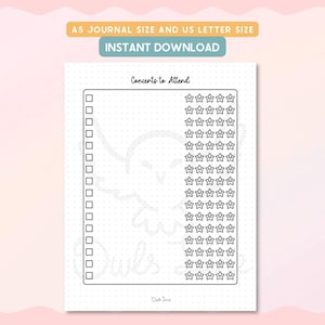 May include: A printable journal page with the text "Concerts to Attend". It includes checkboxes and star ratings for tracking concert experiences. The page is labeled "A5 Journal Size and US Letter Size" and "Instant Download".