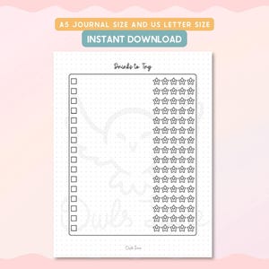 May include: A printable journal page with the text "Drinks to Try" and a checklist. Includes a section to rate drinks with star icons. The page is labeled "A5 Journal Size and US Letter Size" and "Instant Download".