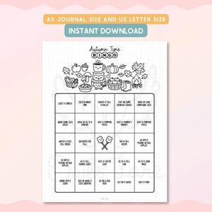 May include: Black and white printable Autumn Time Bingo game. The bingo card features fall-themed illustrations and activities, including pumpkins, leaves, and an owl. The text at the top reads "A5 Journal Size and US Letter Size Instant Download".