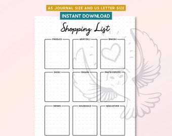 Shopping List Printable, Grocery List Template, Meal Planning List, Kitchen Organizer, A5 Letter Size, Digital Download PDF