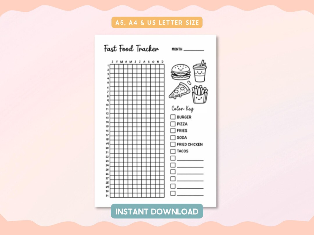 Fast Food Tracker Printable Journal Pages | Monthly Fast Food Log ...