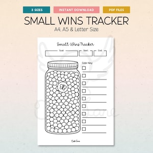 Puede incluir: Rastreador de pequeñas victorias imprimible en blanco y negro. El diseño presenta un tarro lleno de pequeños círculos, una mariposa y una sección para rastrear metas. Incluye el texto "Small Wins Tracker" y "A4, A5 & Letter Size".