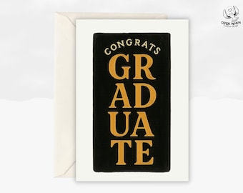 Black and Gold Congrats Graduate, Highschool Graduation, Graduation Card, Greeting Card, Blank Inside, Modern Congratulations