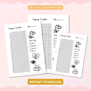 Pode incluir: Três folhas brancas imprimíveis "Crying Tracker" com layouts de grade, ilustrações florais e de lágrimas e o texto "Crying Tracker". As folhas são rotuladas A5, A4 e US Letter. As palavras "Instant Download" também são visíveis.