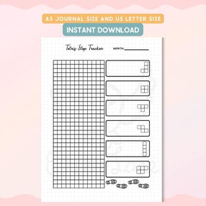 May include: A printable Tetris step tracker on a white background. The design includes a grid for tracking steps, Tetris-shaped blocks, and the text "Tetris Step Tracker." The top banner reads "A5 JOURNAL SIZE AND US LETTER SIZE" and "INSTANT DOWNLOAD."