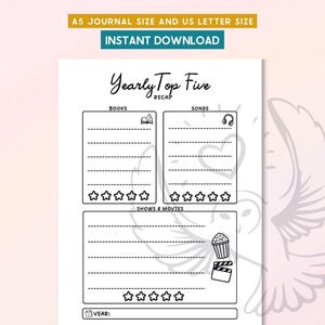 Puede incluir: Página de diario imprimible en blanco y negro con el texto "Yearly Top Five Recap". La página está dividida en secciones para libros, canciones y programas y películas, con espacio para notas y calificaciones por estrellas. Incluye el texto "A5 Journal Size and US Letter Size" y "Instant Download".