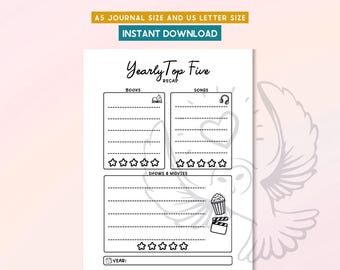 May include: Black and white printable journal page with the text "Yearly Top Five Recap". The page is divided into sections for books, songs, and shows & movies, with space for notes and star ratings. Includes "A5 Journal Size and US Letter Size" and "Instant Download" text.