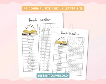 Yearly Book Tracker Printable | Reading Log Book Journal | Track Books, Pages, Ratings | Planner Insert, Bullet Journal, A5 Letter Size