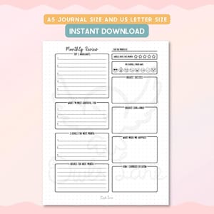 May include: A white printable monthly review journal page with a dotted border. The page includes sections for highlights, gratitude, goals, and advice. Text at the top reads "A5 JOURNAL SIZE AND US LETTER SIZE" and "INSTANT DOWNLOAD".