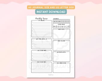 Monthly Review Printable Journal Pages, Reflection Tracker Planner Insert, Goal Setting Progress Sheet