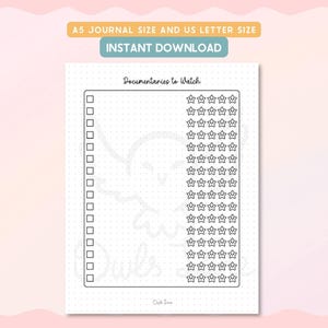 Puede incluir: Una página de planificador imprimible con el texto "Documentales para ver". Incluye casillas de verificación y valoraciones con estrellas para el seguimiento. La página está etiquetada como "A5 JOURNAL SIZE AND US LETTER SIZE" y "INSTANT DOWNLOAD".