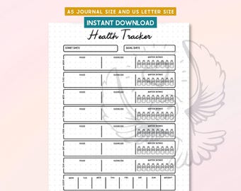 Health Tracker Printable, Wellness Log, Fitness Planner, Water Intake Tracker, Food Exercise Journal, A5 Letter Size, Digital Download PDF