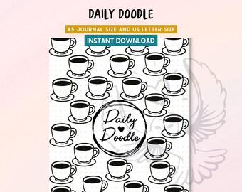 May include: Black and white doodle of coffee cups on saucers, arranged in a grid pattern. The words "Daily Doodle" are in a circular design, with the text "A5 Journal Size and US Letter Size" and "Instant Download" above the coffee cups.