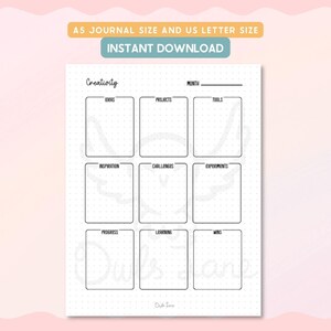 Könnte beinhalten: Eine weiße, bedruckbare Journalseite mit einem Rasterlayout zur Verfolgung der Kreativität. Die Seite enthält Abschnitte für Ideen, Projekte, Werkzeuge, Inspiration, Herausforderungen, Experimente, Fortschritte, Lernen und Erfolge. Der Text oben lautet "A5 JOURNAL SIZE AND US LETTER SIZE" und "INSTANT DOWNLOAD".