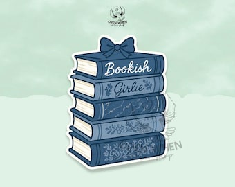 Bookish Girlie Blue Coquette Bow Book Stack Vinyl Sticker, Kindle Stickers, Bookish Sticker Quote Waterproof Vinyl Die-cut Laptop Gifts