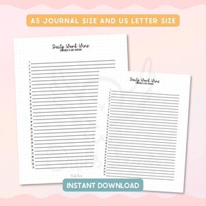 Könnte beinhalten: Zwei weiße, bedruckbare Journalseiten mit dem Text "Daily Work Wins" und "Sentence & Day Tracker". Eine Seite ist im A5-Format, die andere im US-Letter-Format. Die Worte "Instant Download" stehen unten.