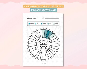 Può includere: Un tracker stampabile del livello di ansia con un design circolare. Il tracker include una scala codificata a colori da "Molto alto" a "Molto basso" e uno spazio per registrare il mese. Il testo "A5 JOURNAL SIZE AND US LETTER SIZE" e "INSTANT DOWNLOAD" sono in alto.