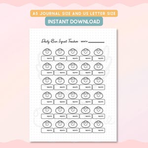 Pode incluir: Um rastreador de agachamentos Daily Bun imprimível em preto e branco com ilustrações de bolinhos. O texto "A5 JOURNAL SIZE AND US LETTER SIZE" e "INSTANT DOWNLOAD" estão no topo. O título "Daily Bun Squat Tracker" está no topo.
