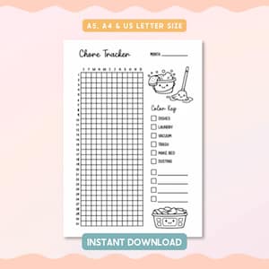 May include: A black and white chore tracker printable with a grid for tracking daily tasks. Includes illustrations of cleaning supplies and the text "Chore Tracker", "Color Key", and "Instant Download". Available in A5, A4, and US Letter sizes.