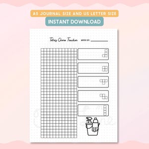 May include: A printable Tetris Chore Tracker on white paper. The design includes a grid for tracking tasks, Tetris-shaped blocks, and a cleaning supplies icon. Text at the top reads "A5 JOURNAL SIZE AND US LETTER SIZE" and "INSTANT DOWNLOAD".