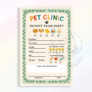 Puede incluir: Una hoja de examen de paciente de clínica veterinaria de color crema con las palabras "PET CLINIC" en la parte superior. La hoja incluye espacios para el nombre de la mascota, el peso y la temperatura, junto con ilustraciones de un gato, un perro, un pájaro, un pez y un conejo.