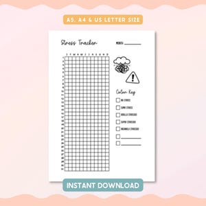 Könnte beinhalten: Ein weißer, druckbarer Stress-Tracker mit einem Raster zur Verfolgung des täglichen Stresslevels. Das Design enthält den Text "Stress Tracker", einen Farbschlüssel und die Worte "Instant Download". Erhältlich in A5, A4 und US Letter.