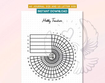 May include: A black and white hobby tracker printable with the text "Hobby Tracker". The design includes a section for listing hobbies and a radial chart for tracking activities over 31 days. The text "A5 JOURNAL SIZE AND US LETTER SIZE" is at the top.