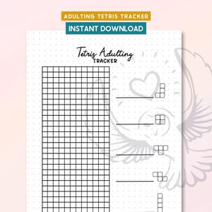 Può includere: Un tracker Tetris Adulting stampabile con una griglia per tenere traccia delle attività. Il design include forme di blocchi Tetris e il testo "Adulting Tetris Tracker" e "Instant Download". Lo sfondo è bianco con un motivo a pois e un'illustrazione decorativa di cuore e uccello.