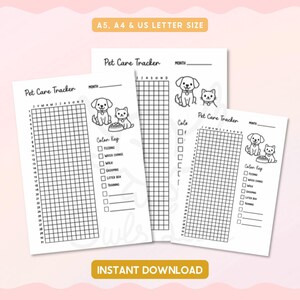 Könnte beinhalten: Drei weiße, bedruckbare Pet Care Tracker-Blätter mit einem Raster, einer Farbtabelle und Illustrationen eines Hundes und einer Katze. Der Text "Pet Care Tracker" und "Instant Download" sind sichtbar. Die Blätter sind in den Größen A5, A4 und US Letter.