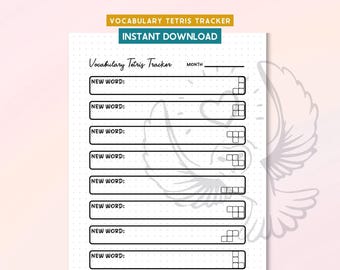 May include: A printable vocabulary Tetris tracker with the text "Vocabulary Tetris Tracker" and "Instant Download". The design features a white background with dotted lines and spaces to write new words. Each word space has a Tetris-style block graphic.