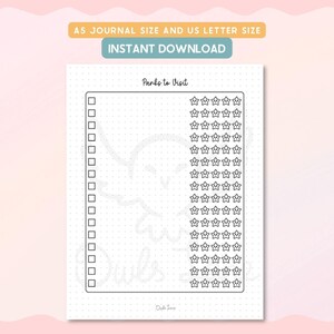 Op de afbeelding: Een afdrukbare plannerpagina met de tekst "Parks to Visit". Het bevat een checklist en een sectie met sterren voor beoordeling. De bovenkant van de pagina heeft de tekst "A5 JOURNAL SIZE AND US LETTER SIZE" en "INSTANT DOWNLOAD".