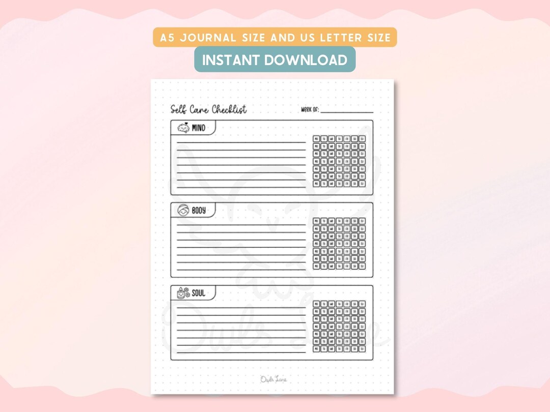 Self Care Checklist Printable Journal Pages, Wellness Tracker Planner ...