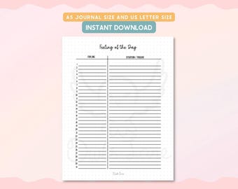 Utskrivbara dagbokssidor för dagens känsla | Daglig humörspårare | Känslodagbok i A5-format, Letter-storlek