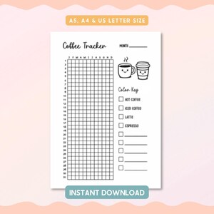 Può includere: Un tracker di caffè stampabile in bianco e nero con il testo "Coffee Tracker" e "Instant Download". Il tracker include una griglia per tenere traccia del consumo giornaliero di caffè, una chiave di colore e simpatiche illustrazioni di tazze di caffè.