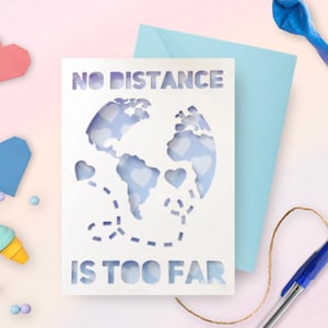 Tarjeta No Distance Too Far / Relación a larga distancia, Te extraño, Nota romántica de amor, Aniversario, Pensando en ti