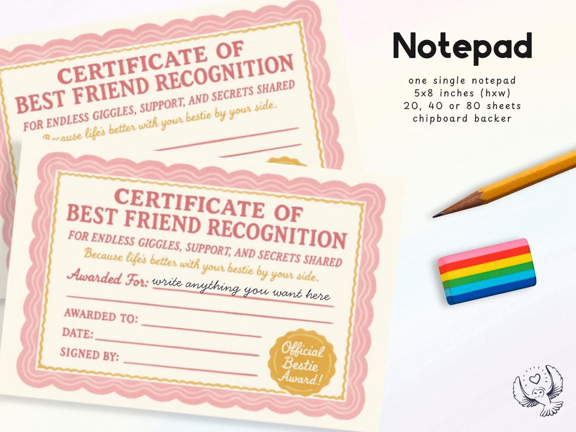 Notepad Certificate of BFF Recognition • Funny Best Friend Gift • Cute ...