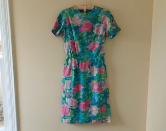 Authentic Vintage 1950s labeled rose print silk blend cocktail dress // size medium // elegant