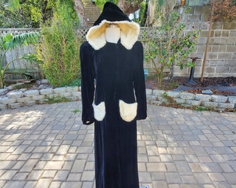 size extra small XS Vintage 30s 40s Black Opera Coat w/ White Fur