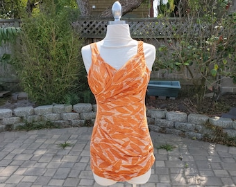 Made in california 60s small medium One Piece Wrap Side Ruched Orange and White Swimsuit