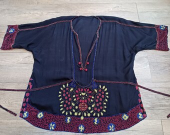 Rare 1920s heavily beaded silk Egyptian Revival Top Blouse w/ dolman sleeves, seed beaded waist tie . extra large - xxl