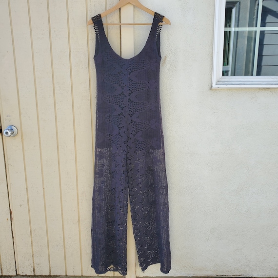 70s 60s Crochet Cotton Lace Black Jumpsuit // Flor