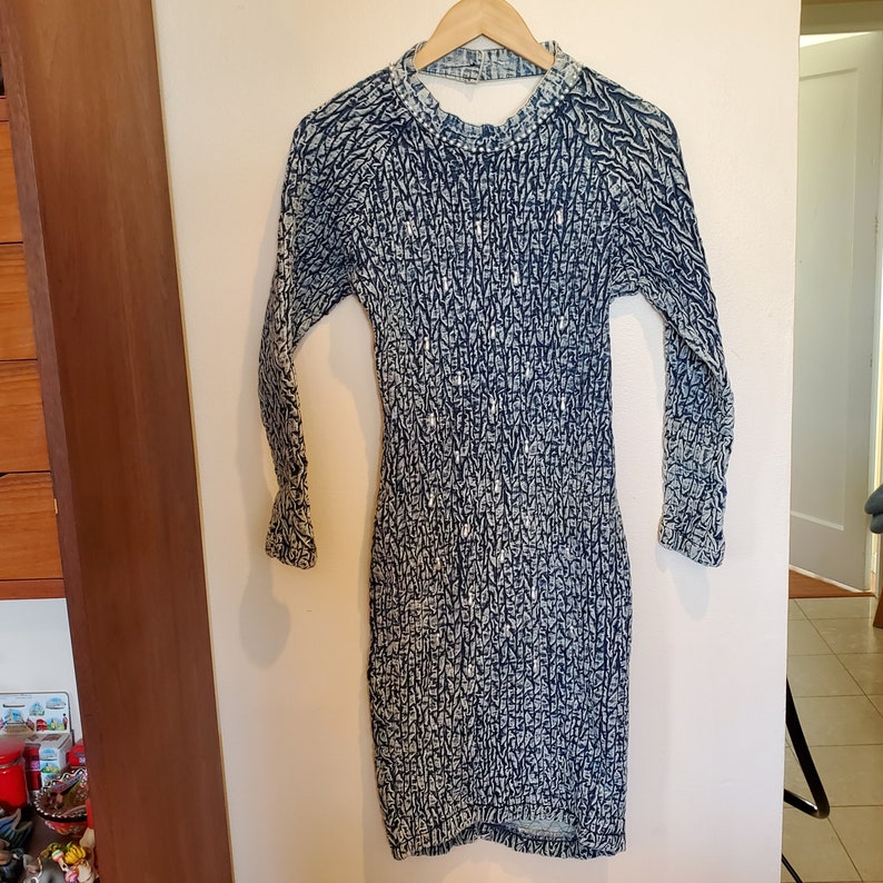 80s Acid Wash Faux Pearls Denim Wiggle Dress SIZE XS XXS